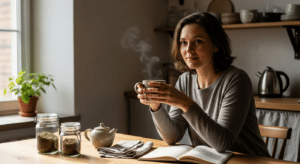 Nő napfényes konyhában teázik idegi kimerültség enyhítésére.