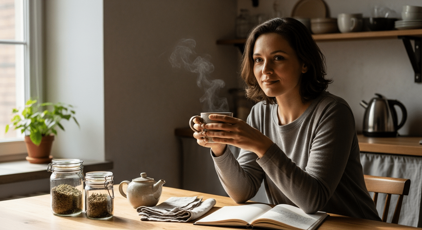 Nő napfényes konyhában teázik idegi kimerültség enyhítésére.