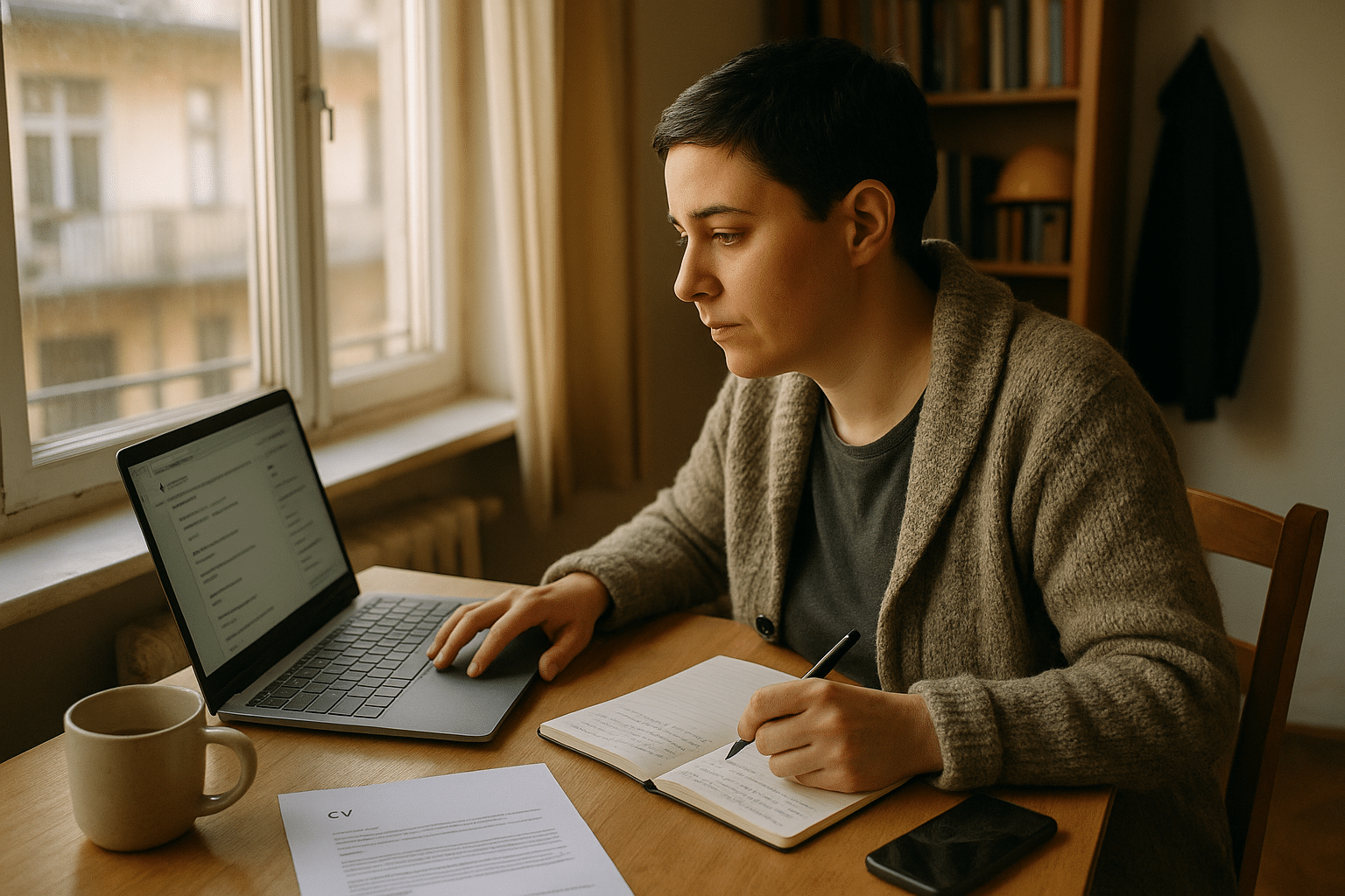 Jobtain álláskereső portál használata otthoni laptopnál, reményteljes hangulat