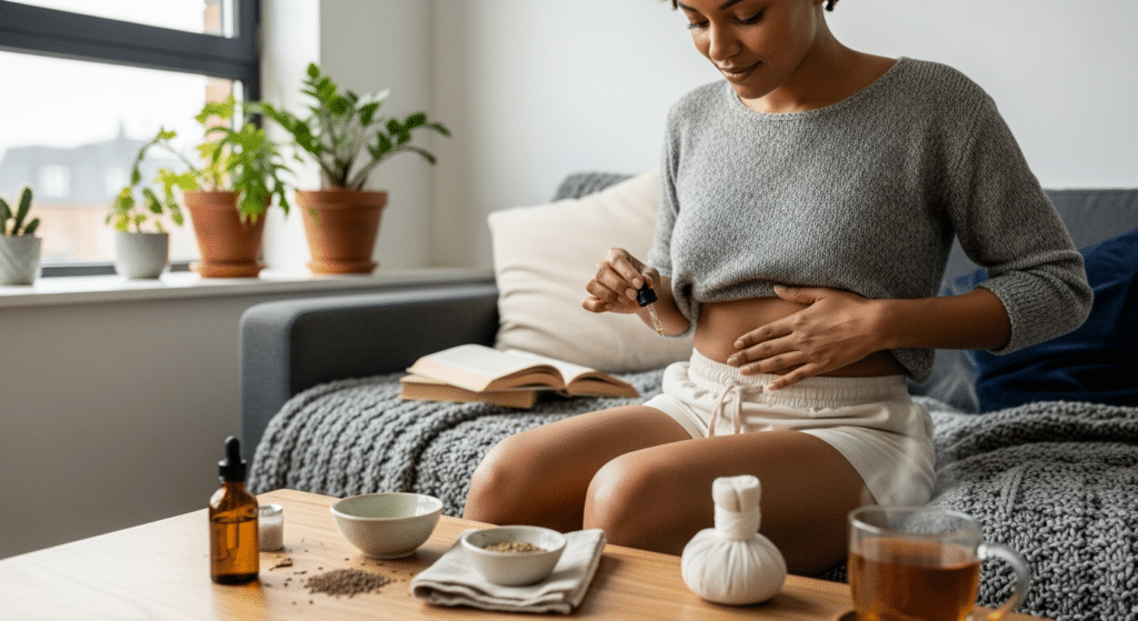 Nő alhasát masszírozza kömény illóolaj puffadás ellen otthoni környezetben