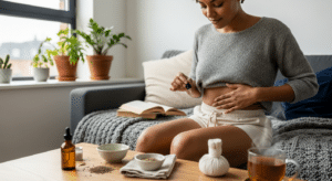 Nő alhasát masszírozza kömény illóolaj puffadás ellen otthoni környezetben