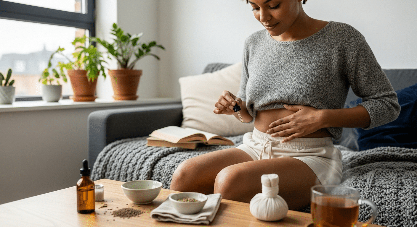 Nő alhasát masszírozza kömény illóolaj puffadás ellen otthoni környezetben