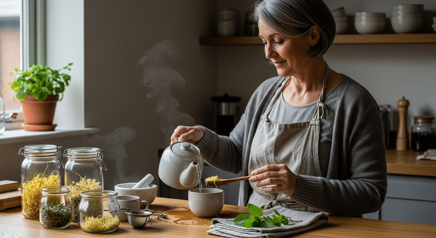 menopauza: középkorú nő gyógynövényes teát készít otthon