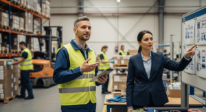 alapfokú angol nyelvtudás fizikai munkában: raktáros tabletet tartva angolul gyakorol