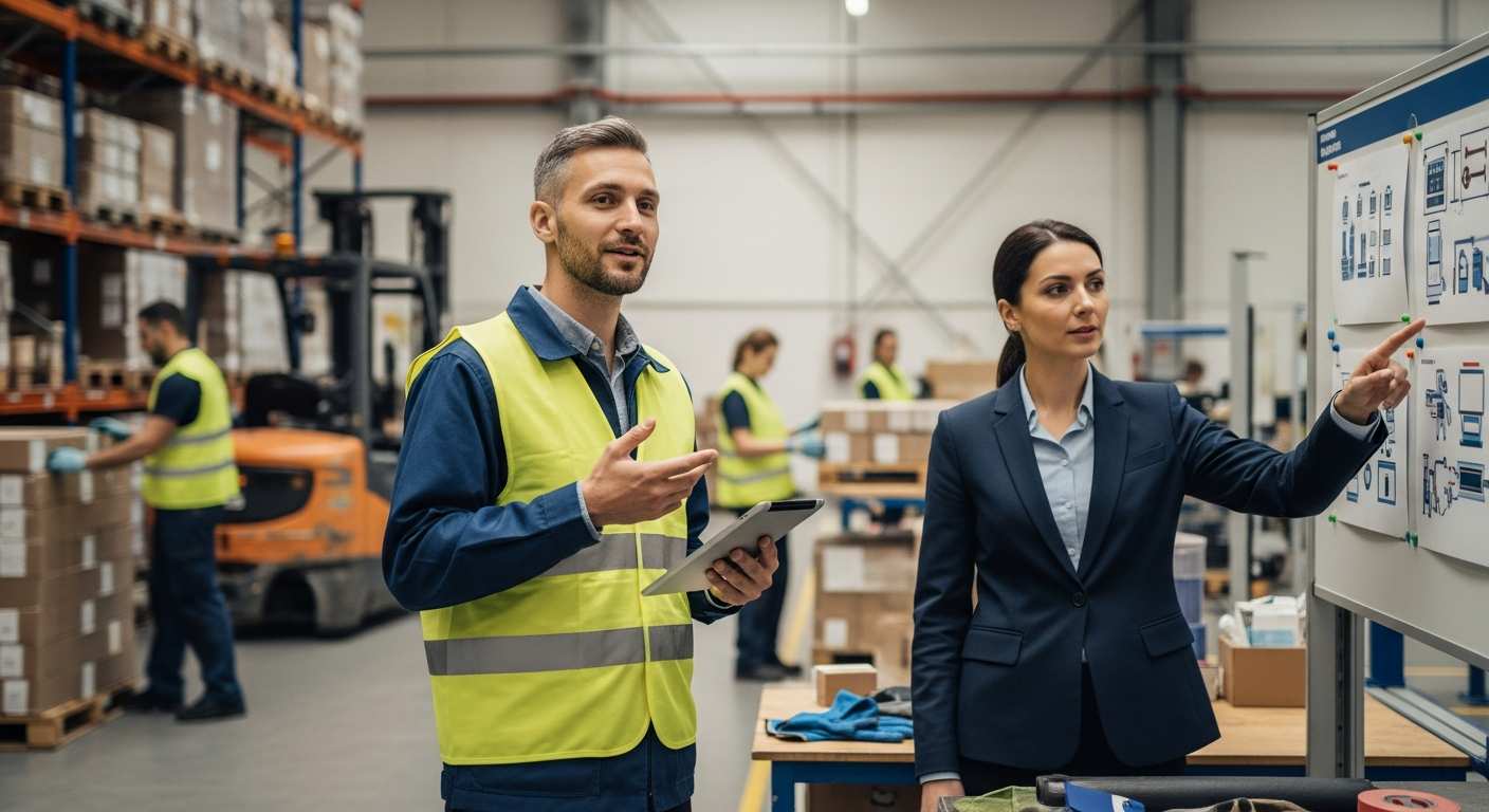 alapfokú angol nyelvtudás fizikai munkában: raktáros tabletet tartva angolul gyakorol