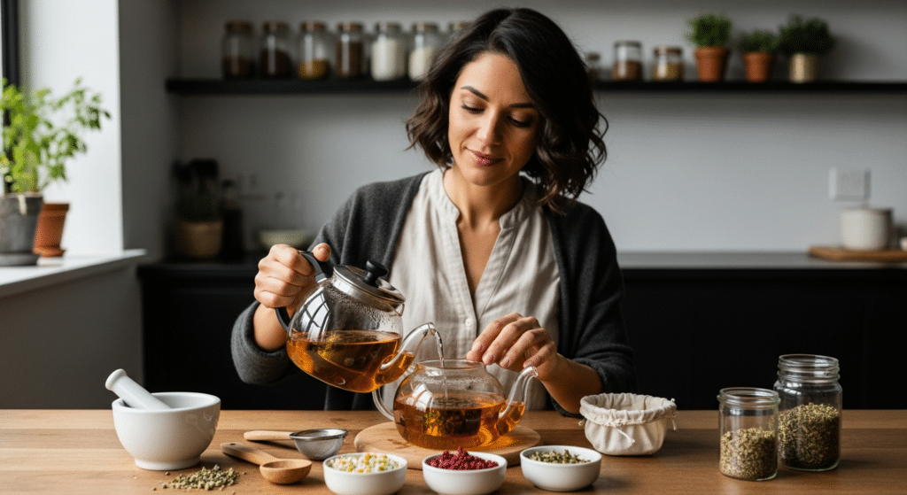 Nő készít gyógynövényteát ciklushoz igazított fogyasztás céljából konyhaasztalnál
