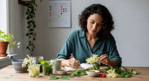 gyulladáscsökkentő gyógynövények hormonális egyensúlyhoz — nő asztalnál gyógynövényeket rendez