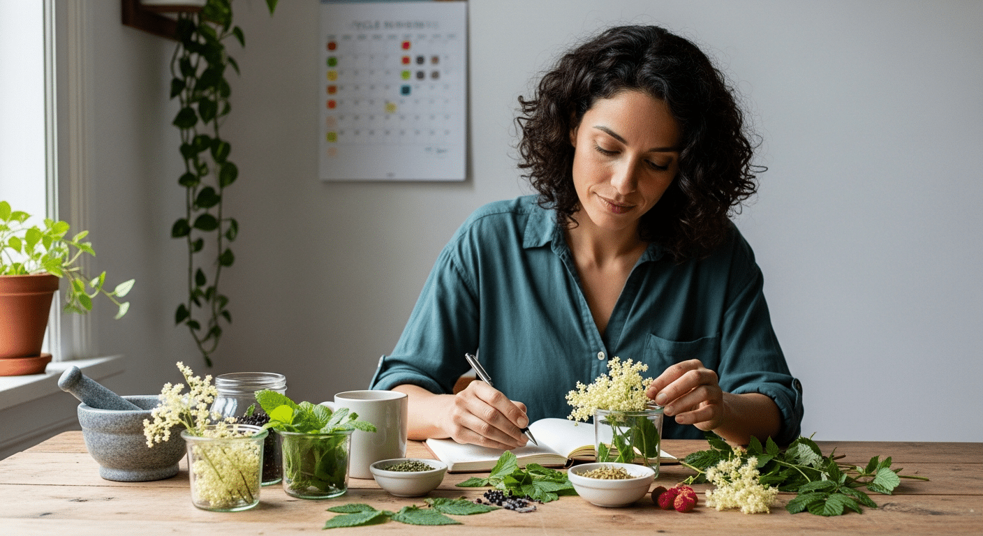 gyulladáscsökkentő gyógynövények hormonális egyensúlyhoz — nő asztalnál gyógynövényeket rendez