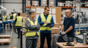 kékgalléros munkaerőpiaci körkép: három dolgozó együtt a gyárcsarnokban