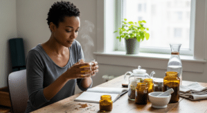 Fiatal nő gyógynövényes teát készít, nyugodt pillanat — női egészségmegőrzés