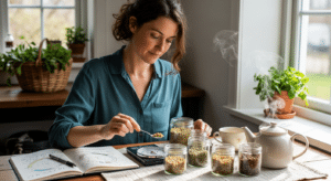 Nő gyógynövényes teát készít hormonrendszer harmonizálása céljából, mérleggel