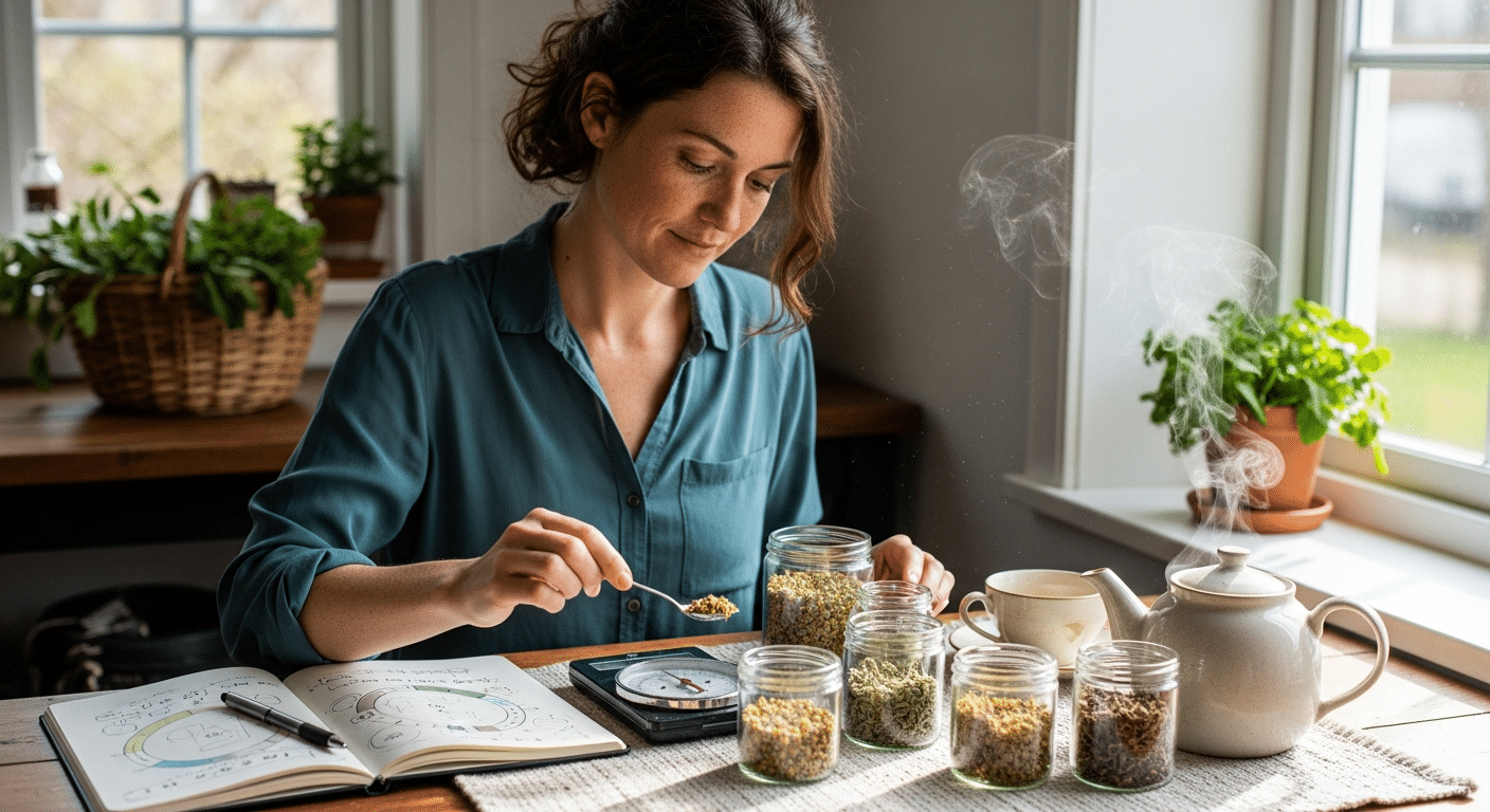 Nő gyógynövényes teát készít hormonrendszer harmonizálása céljából, mérleggel