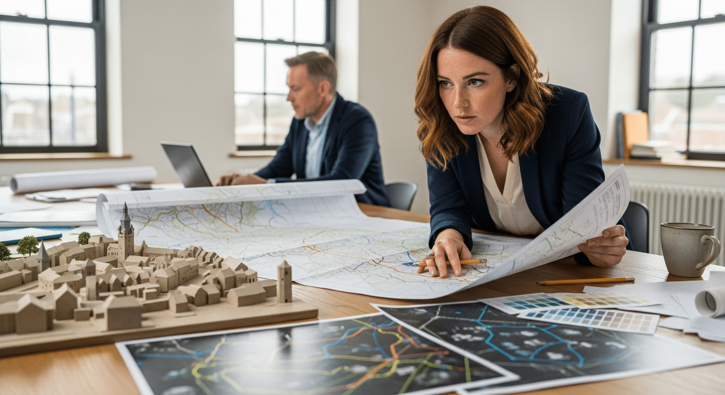 regionális fejlesztési stratégia tervezése: tervezőnő makettel és térképekkel