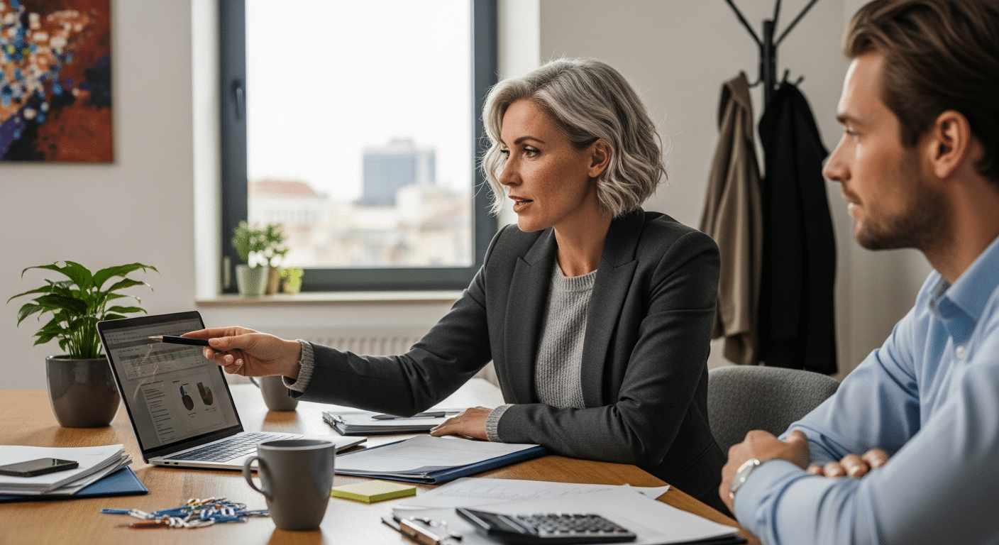 rehabilitációs audit konzultáció: tanácsadó mutat laptopon jelentést