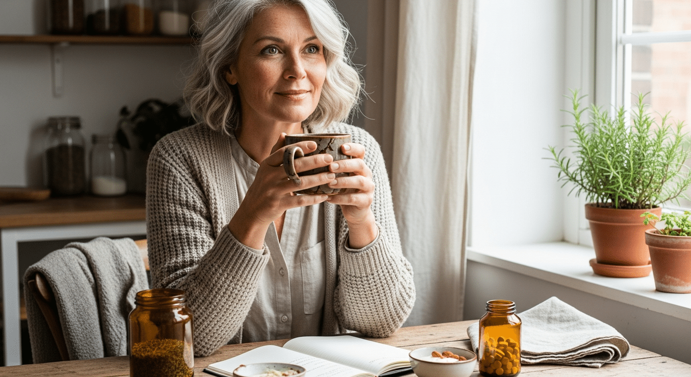 menopauza hormonális változások: nő teával napfényes konyhában, nyugodt elgondolkodó
