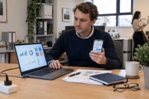 Koordinátor céges telefon és laptop mellett rendezett irodában